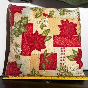 Vintage Christmas Poinsettia Accent Pillow Cream Red Green Botanical Print 14x14